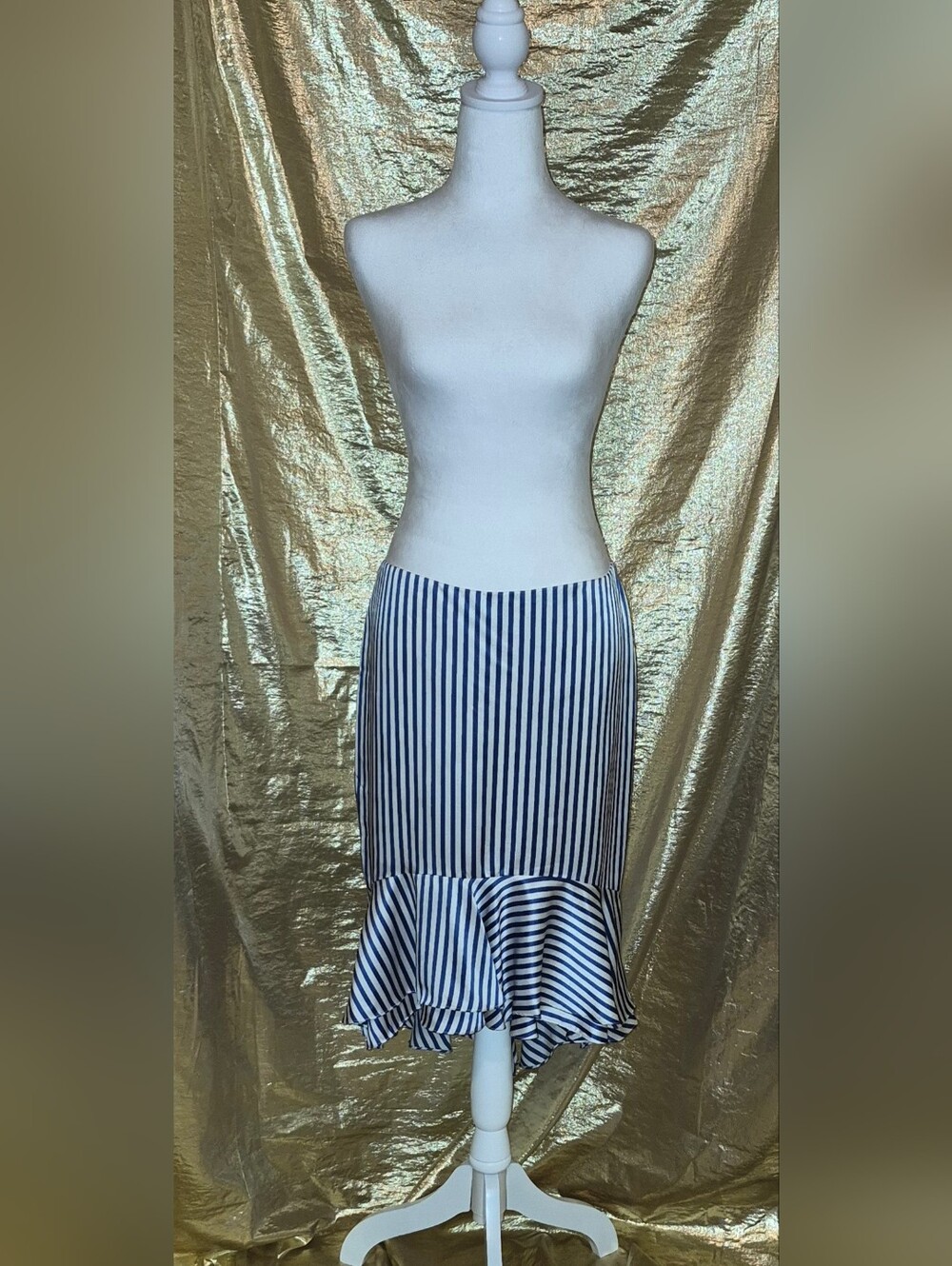 Ralph Lauren Navy and White Vertical-Striped Ruffle-Hem Silk Midi Skirt